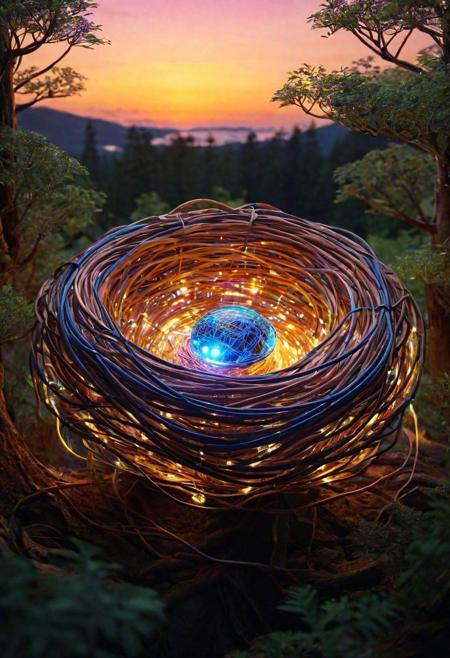 Stunningly detailed digital art, showcasing an exceptional composition! A nest crafted from intertwining wires and circuits, glowing with an electronic aura, sits atop a virtual forest made of digital trees. Within this nest, a bird intricately assembled from semiconductor chips and electronic components, guards her clutch of pixelated eggs. The digital forest is illuminated by the surreal glow of a binary sunset, casting dynamic shadows and lights across the circuitry and silicon. This scene merges the tangible world of technology with the abstract digital realm, creating an atmosphere of futuristic tranquility and cybernetic wonder. The bird and her electronic nest are depicted with hyperrealistic precision, each wire, chip, and pixel glowing with an inner neon light, akin to a motherboard's intricate pathways. The artwork resonates with an ethereal effect, seamlessly blending the cybernetic bird and her nest with the surrounding digital landscape, as if they are an organic part of this virtual environment. The colors are vivid and electric, contributing to the intense and infinite essence of this digital world.
