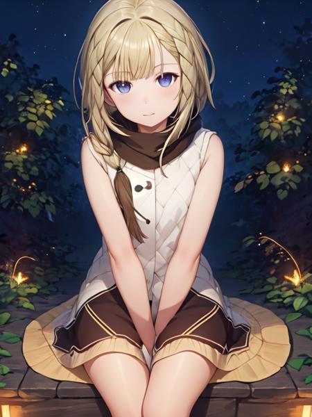 masterpiece, best quality, highres, 1girl, night sky, stars, meteor shower,  <lora:Kayo-000007:0.8>, bbkayo, blonde hair, headpat, sitting