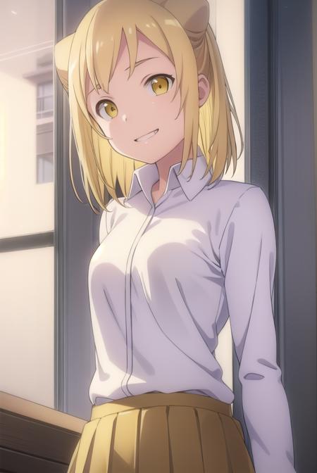 hikaritakanashi, <lora:hikari takanashi s1-lora-nochekaiser:1>,
hikari takanashi, medium hair, blonde hair, (yellow eyes:1.5), fang, hair bun, double bun, cone hair bun, smile, grin,
BREAK skirt, shirt, school uniform, white shirt, pleated skirt, brown skirt,
BREAK indoors, classroom,
BREAK looking at viewer, (cowboy shot:1.5),
BREAK <lyco:GoodHands-beta2:1>, (masterpiece:1.2), best quality, high resolution, unity 8k wallpaper, (illustration:0.8), (beautiful detailed eyes:1.6), extremely detailed face, perfect lighting, extremely detailed CG, (perfect hands, perfect anatomy),