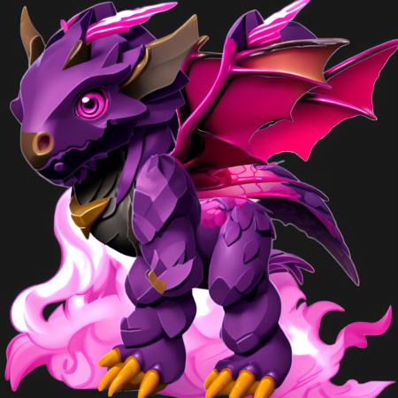 solo, simple background, closed mouth, standing, purple eyes, tail, full body, wings, pink eyes, pokemon (creature), no humans, fire, black background, claws, outline, dragon <lora:babie_dragon:0.7>