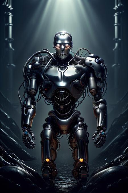 cinematic film still silverpulse, cyborg cat, simple background, high quality, artistic, vibrant colors, detailed textures. futuristic sleek/glossy silver and blue glow, vibrant colors, detailed textures., Concept art, cyborg, background, vintage, modern, SilverPulse, <lora:SilverPulseMorphXL:0.8>, excellent composition, artistic, highly detail, holy, sunny, dynamic dramatic beautiful full taking . shallow depth of field, vignette, highly detailed, high budget, bokeh, cinemascope, moody, epic, gorgeous, powerful, Terminator,