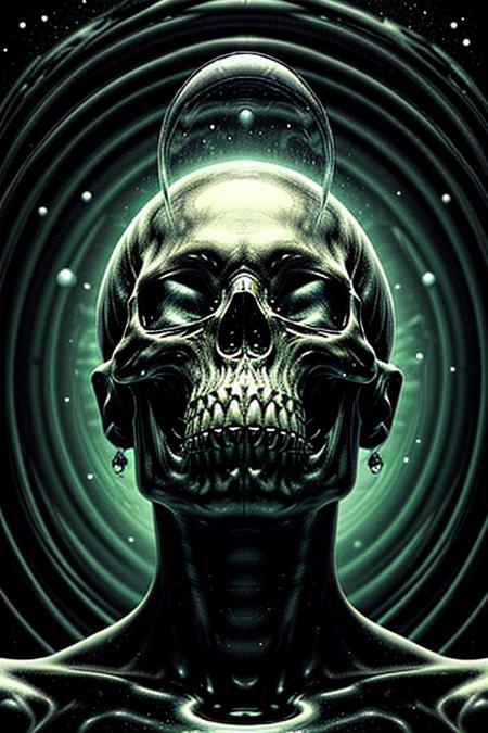A close-up photorealistic image of a crystal-like floating skull facing dynamic view with its mouth open, pouring from it's mouth a shimmering liquid resembling the universe onto the ground, filled with rich stars and swirling galaxies. A simple void background enhances the dark atmosphere, shrouded in fog, capturing the hypnotic flow and shimmer of the cosmic liquid, from side,
