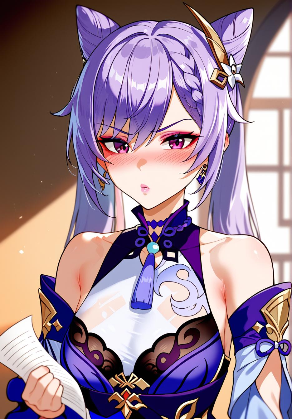 score_9,score_8_up,score_7_up, <lora:nyantcha_style_pdxl_v2_goofy:1> 1girl, keqing (genshin impact),  cone hair bun, purple hair, twintails, makeup, purple gloves, breasts, purple eyes, hair ornament, lipstick, neck tassel, holding paper, blush, long hair, dress, earrings, hair ears, thick lips, jewelry, detached sleeves, looking at viewer, double bun, braid, purple choker, upper body, bare shoulders, eyeshadow, bra visible through clothes, eyeliner