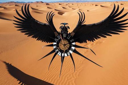 Clock with wings and talons in desert, flying higher up off the ground, unsupported