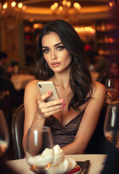 Authentic share, amateur quality distant phone photo in bad resolution of a stunningly beautiful girl sitting seductively across the room in a busy elegant restaurant holding her cellphone. The image is slightly grainy and out of focus, with visible noise, emphasizing its candid and impromptu nature. 
She is making lustful, seductive eye contact creating sexual tension. Her presence exudes elegance, eroticism, sex appeal, mystery, and intensity captured in a spontaneous moment with imperfect lighting that adds to the overall charm of the snapshot.