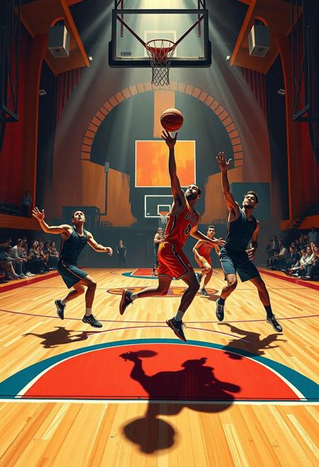 A high-energy basketball game, where players’ stretched bodies seem to merge with cubist-inspired court lines, neon accents, and Bauhaus color blocking.
dynamic elongated figures infused with bold geometric abstraction, rhythmic motion blending with structured Bauhaus-inspired design, expressive painterly textures merging into sharp angular forms, deep warm color palettes with graphic high-contrast highlights, theatrical surreal lighting and layered depth