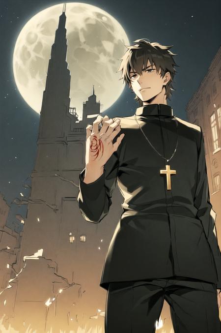 masterpiece, best quality, detailed, 1boy, male focus
alley, dark, night, full moon, from below, 
 <lora:KotomineKireiV1:0.7>, kotomine kirei, black shirt, black pants, cross necklace, ((command spell hand)), short hair, long sleeves