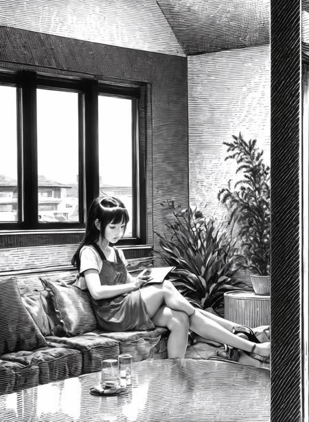 banhua, a girl, indoor,mansion,Indoor, sofa, window, table, floor,   <lyco:banhua-000003:1.0>,best quality,masterpiece, Monochromatic printmaking,