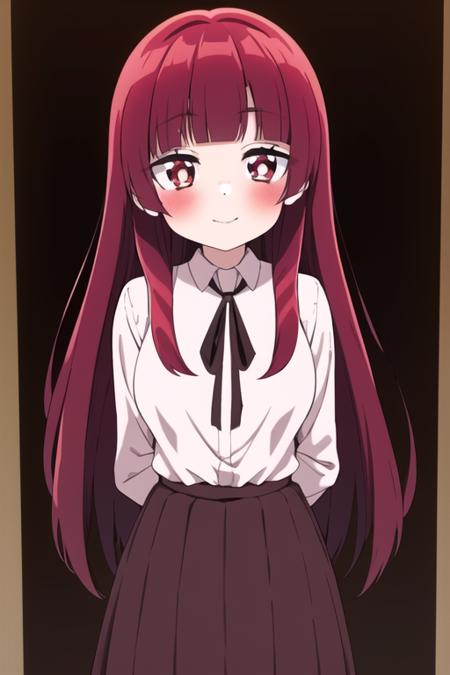 ((masterpiece, best quality)),1girl,standing,large breasts,smile, bangs, yaeka sakuragi, blush, collared_shirt,  long_hair, long_sleeves, looking_at_viewer,  pleated_skirt, ,neck_ribbon, red_hair,white shirt,arms behind back,<lora:yaekamix:1>