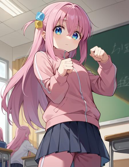 hitori gotou, blue eyes, cube hair ornament, hair between eyes, hair ornament, pink hair, one side up, long hair, black skirt, jacket, long sleeves, pants, pants under skirt, pink jacket, pink pants, pleated skirt, skirt, track jacket, track pants, track suit,