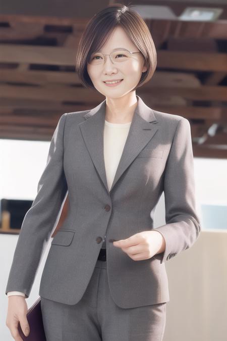 a short hair woman wear a pair of glasses,suit,smile