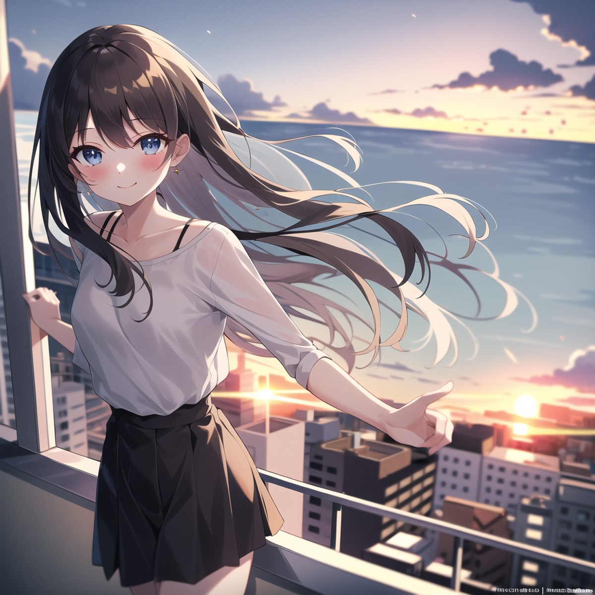 high quality, best quality, masterpiece, absurdres, 1girl, rooftop, sunset, smile, looking_at_viewer, blush