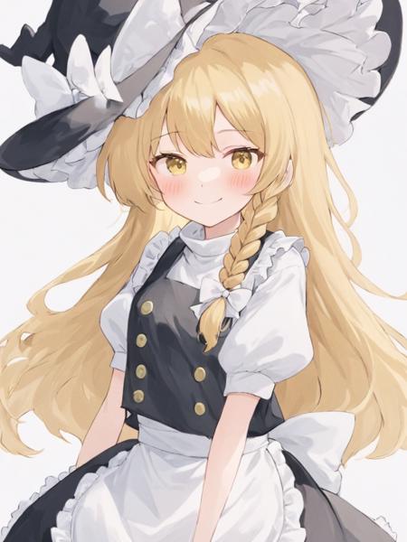 <lora:kirisame_marisa:1>,1girl, kirisame_marisa, solo, hat, witch_hat, braid, long_hair, blonde_hair, white_background, apron, v, simple_background, blush, waist_apron, single_braid, smile, short_sleeves, white_bow, yellow_eyes, bow, black_headwear, shirt, ribbon, white_shirt, closed_mouth, looking_at_viewer, white_apron, buttons, hat_bow, puffy_sleeves, black_vest, hair_bow, neck_ribbon, frills