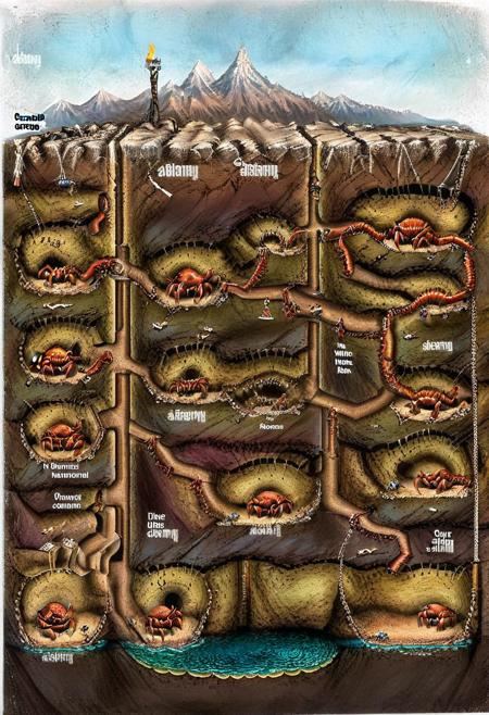 cross-section of landmass from the sky to the ground below. a underground dungeon map for an adventure titled "The Cave Crab Adventure", d&d characters fighting a giant crab in a dungeon underground, fantasy, isometric battle map, diagram of a dungeon under a mountain, 
csu, cross-section, from the side, underground
national geographic, best quality, masterpiece, award winning photo, fantasy landscape, extremely detailed, HDR, csu, underground, cross-section, from side, dungeon_party, Vintage board game box