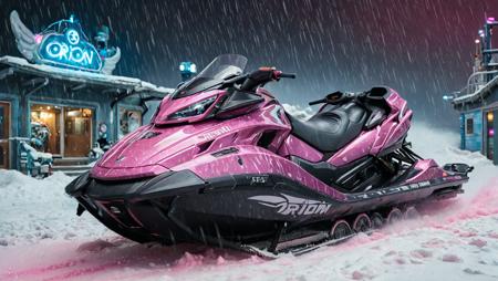 Orion's Jet ski, the Orion's Playhouse is Personal, Wide view, Fine art, Cyberpunk Art, Offset print, pink Snow splotches, shiny, Homey, heavyset, glossy, quality, great Silver, quality, Winged, magical atmosphere, complex