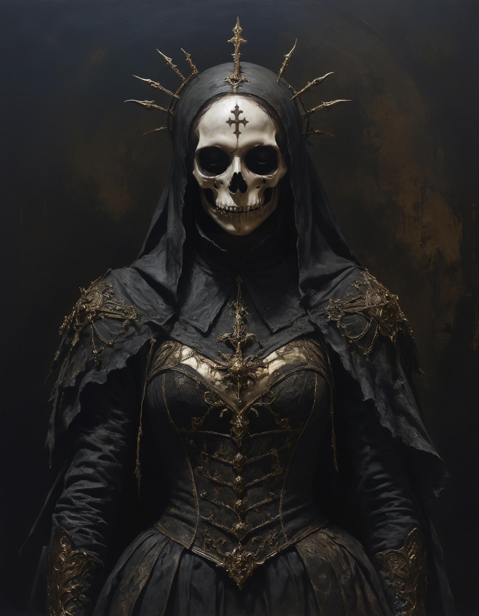 A dark and eerie portrait of a skeleton woman wearing a black dress with gold accents and a cross on her forehead.