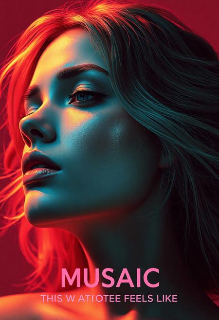 high quality design aesthetics, disco, synth pop, dynamic, detailed, pop album cover, melancholic, beautiful young white woman, artist name "MUSAIC", album title "This Is What Love Feels Like"