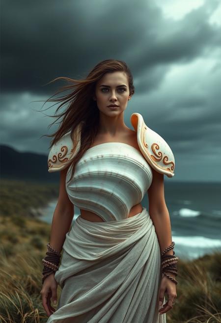 A regal woman stands in a windswept landscape near the sea, her body protected by a single, oversized seashell that wraps around her chest and shoulders like armor. The shell has a faint iridescent glow, and its natural curves mimic the movement of the ocean. Dark storm clouds roll in above her, while the light creates intense highlights across the shell's surface.