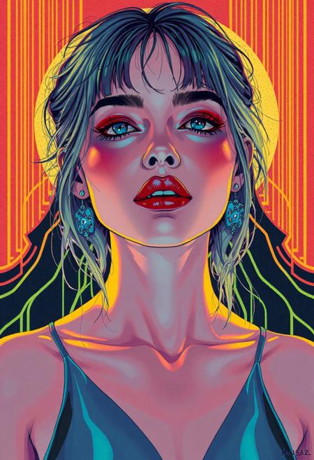 high quality design aesthetics, synth pop, detailed, pop album cover, beautiful young white woman, artist name "Musaic"
