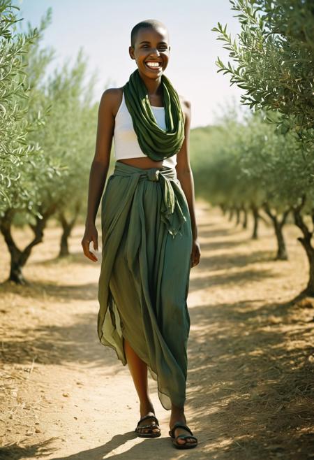 award winning analog photograph of a short very pretty somali woman, pale olive skin, round head, green eyes, very wide smile with gap in front teeth, amused, playful, sensual expression, wearing only (leather sandals:1.3) and a silk scarf (tied on neck:1.3) walking through a (sunlit:1.4) olive grove.
She is chubby-curvy, with very small apart breasts and thick thighs. She has a (shaved head:2).