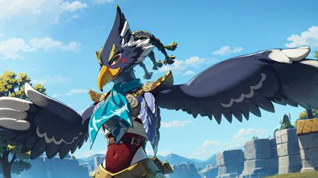 masterpiece, best quality revali, ,anthro avian bird, beak, ((winged-arms)), detailed, masterpiece, forest  background, blue sky , green eyes, looking at viewer