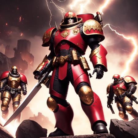 low angle photo,  a space marine in (red gold black armor:1) with a big sword, sitting on top of a pile of white skulls, (Lightning:1) (SpaceMarine style:1) <lora:djzSpaceMarineV21:0.8>