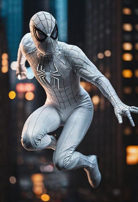 (Portrait face Solo Dominique McElligott flying in new york , photograph ,pale beautiful photo, ultra detailed white spiderman suit , night time, cinematic composition,  cinematic filtering , mask take in hand:1.4)