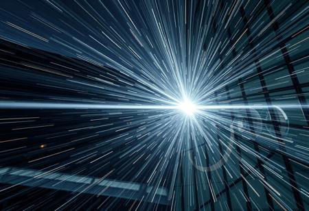 High speed grey and silver laser beam  with Chrome shockwave circles radiating perpendicular to the beam   The beam is hitting a glass building and blowing a huge while through it