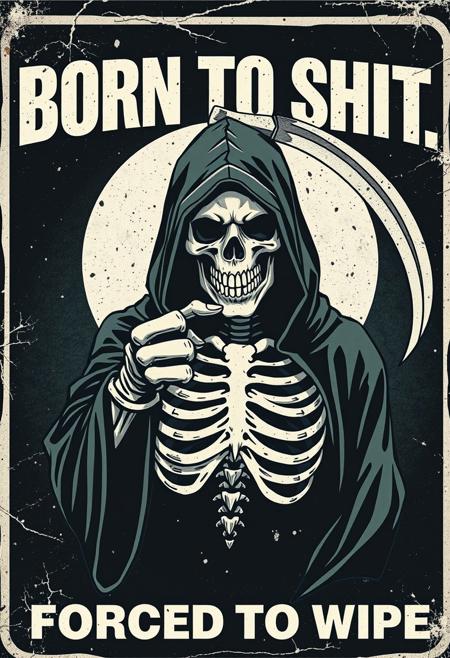 JPEG CRUST bad quality and artifacts, edgy poster kinda like a metal cover with hooded skeleton with the scythe he points at you with his skeletal finger, meme format, the Bold white text above: "BORN TO SHIT" and then text at the very bottom "FORCED TO WIPE"