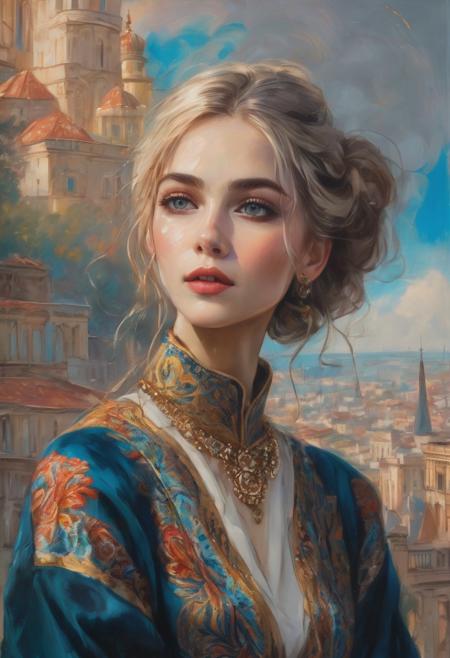 digital painting of a woman, gold necklace, high fashion, kaftan top, jeans, paisley pattern, bohemian, SFW,  (rain), dark sky, (gothic aesthetic: 1.7), digital oil pastel on canvas<lora:oil_pastel:1.00>
Blonde hair, wavy hair, hair in bun, very short hair, big eyes, (huge breasts: 1.8), tan skin, blue eyes, beautiful woman, slight smile, (view from behind: 1.6), thin, (tiny nose, beautiful, (pin-Up), (Alberto Vargas style: 0.8), (baroque painting style: 1.4), wet skin, wet hair, full body,
Rainbow, arbor, terrace, rainforest, (close-up of ass: 1.4), detailed face and eyes, (Earl Moran style: 0.6),