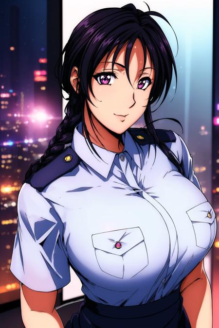 (Night:1.7), Japan, cyberpunk, CityView, Before Window,
Standing at attention,dynamic pose, 
policewoman, Blue police uniform, short sleeves,shirt,
<lora:Miyuki_Kobayakawa_Arrest-KK77-V1:0.7>,
<lora:Mariana_Luciano_NON_VIRGIN-KK77-V1:0.3>,<lora:more_details:0.1>,
black hair, bow, braid,long hair,purple eyes, 
1 girl, 20yo,Young female,Beautiful Finger,Beautiful long legs,Beautiful body,Beautiful Nose,Beautiful character design, perfect eyes, perfect face,expressive eyes,
looking at viewer, in the center of the image,(Upper_body),(Focus on her face),
official art,extremely detailed CG unity 8k wallpaper, perfect lighting,Colorful, Bright_Front_face_Lighting,shiny skin, 
(masterpiece:1.0),(best_quality:1.0), ultra high res,4K,ultra-detailed,
photography, 8K, HDR, highres, absurdres:1.2, Kodak portra 400, film grain, blurry background, bokeh:1.2, lens flare, (vibrant_color:1.2)
(Beautiful,large_Breasts:1.4), (beautiful_face:1.5),(narrow_waist),