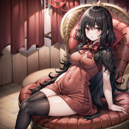 The_Red_Queen_Lorina a digital animation painting of a digital painting of a female cartoon character, wearing a crown, sitting on a black and checkered upholstered chair, 1girl, crown, solo, black hair, dress, thighhighs, sitting, red dress, looking at viewer, flower, red eyes, indoors,