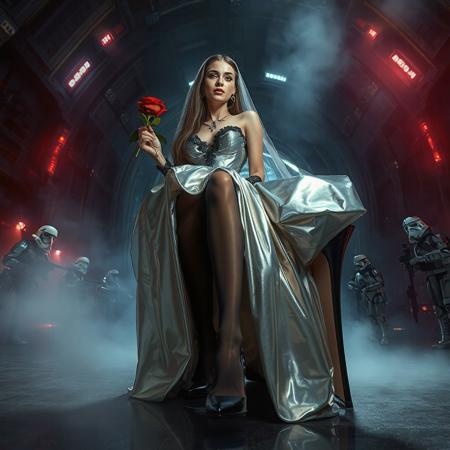 slender arrogant cold femme fatal russian princess wearing rich full skirt glossy silver foil high slit gown, small size opulent glossy black  high heels, jewels, lace top stockings, red rose in her right hand, lifting  long  waving skirts with her left hand,   covered with ultrathin slime long veils, posingsitting in giant glossy high heel fetish shoe , view from below, evil grin, green eyes, lipstick, giant portal to outer space, fog from the floor, empire spaceship hangar, surrounded by halo odst troopers, TIE spaceships at the background, fashion look, hollywood, vogue makeup, porcelain skin, long haired, ultrathin waisym reminiscent of Lucas, Spielberg styles, with close-up glamour photography and dramatic lighting view from below,