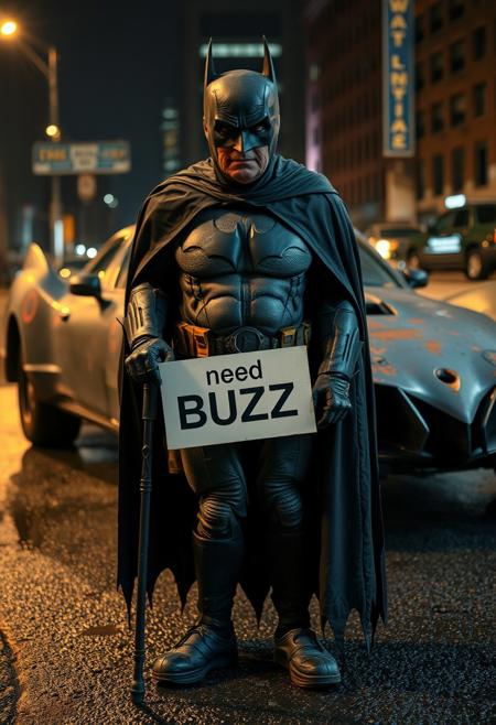 Closeup of old 77 year old Batman in worn out batman bodysuit and ripped worn cape standing using cane in front of his rusted and worn Batmobile holding sign "need BUZZ", night, wet asphalt, Gotham city in background