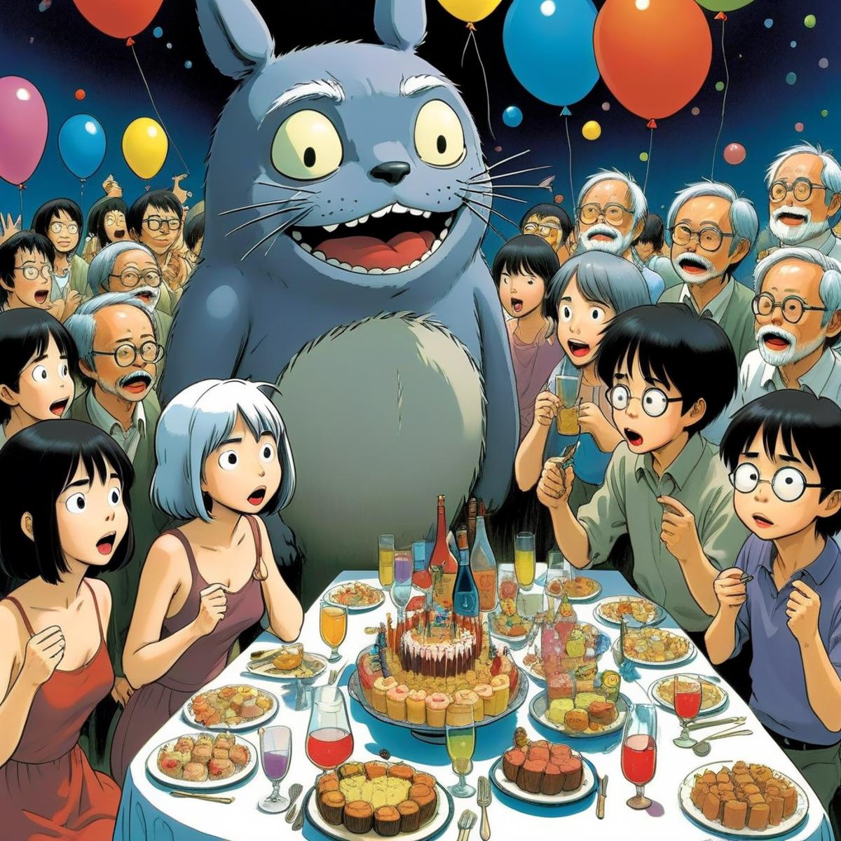 A large cat with a big smile on a table with a cake surrounded by people.