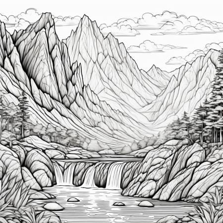 orn8 lineart design of a highly detailed of landscape with mountains and waterfall