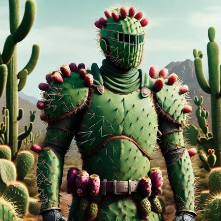 1man, cactus armour, cactus sword, nature background <lora:Prickly Pear Style v1:1>, Prickly Pear Style,