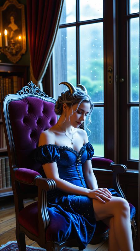 A closeup of a A mystical, horned woman with iridescent, crystalline skin and hair that resembles a wild tangle of stardust, sits cross-legged on a worn, velvet armchair, surrounded by a cozy, dimly lit, Victorian-era inspired parlor, the walls of which are adorned with old, leather-bound books and flickering candelabras, as she gently cradles a delicate, celestial teapot that pours constellations, like glittering, silver dust, into a dainty, china cup, while outside, a symphony of raindrops plays on the windowpane, casting a mesmerizing, rhythmic pattern of water droplets that distort and reflect the soft, golden light of the candelabras, and the woman's eyes, an unearthly shade of indigo, shine with a deep, otherworldly wisdom, as she listens to the music of the rain, her full, parted lips curved into a soft, enigmatic smile.,