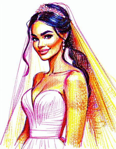 A vibrant marker sketch of a bride, smooth blending, bold and bright colors, high saturation, alcohol-based marker strokes, concept art style, professional design sketch.