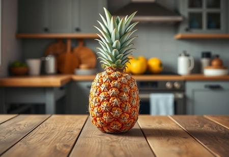 pinneapple over a wood table, symmetrical right light, deep of field of a kitchen at the background, photo realistic, photography studio style