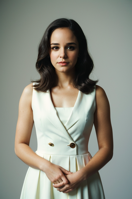 MelissaFumero, ((1940s photograph, upper body, portrait, wartime tailored suit or A-line dress, classic 1940s makeup, elegant backdrop, black and white film, Rolleiflex )), 80mm f/2.8, 1/30s, ISO 200, ((timeless elegance))