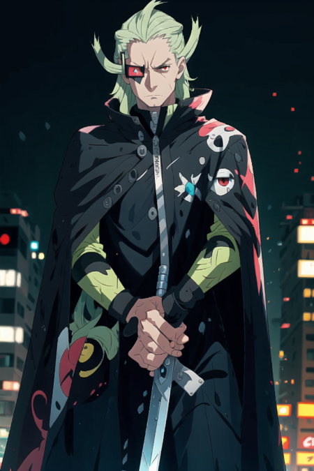 masterpiece, best quality, <lora:GhetsisLora:0.7>, ghetsis \(pokemon\), 1boy, city, new york, frown, black cloak, red-tinted eyewear, holding sword, cowboy shot, red eyes, one eye covered,