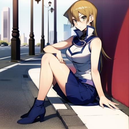 1girl, highres, masterpiece, tenjouin asuka,duel academy uniform gx, full body, solo, city, street, anime, absurdres, detailed face, perfect eyes