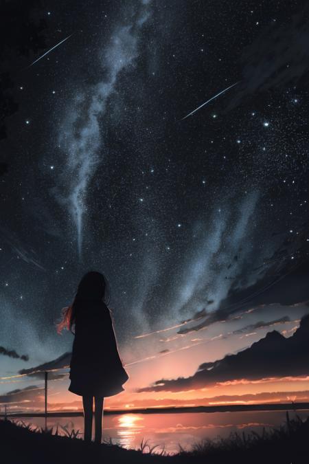 silhouette,1girl, outdoors, night, night sky, sunset<lora:JW_v2-000006:1>