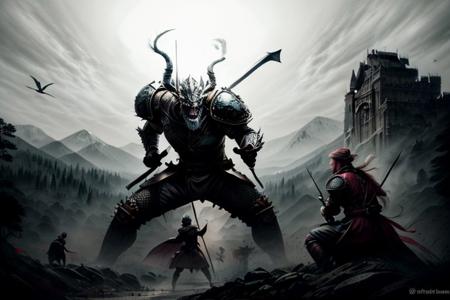 Pencil sketch, intricately detailed, rich shadows, highest resolution, highest quality, 8k UHD, 
best perfect realistic HD ultra HD 4k clear and detailed image, battle knights with a large and fearful fire dragon, nearby castle, weapons swords, crossbows, bows, detailed visualizations of knights, dragon and landscape, detailed depiction of their faces and weapons and armor, and o ...