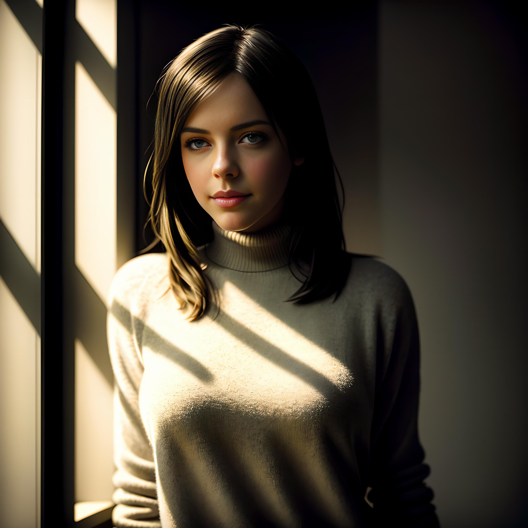 (1girl), a photo of a (michelle-ryan-t2) standing in a room, looking at camera, turtleneck sweater, party, natural skin te...