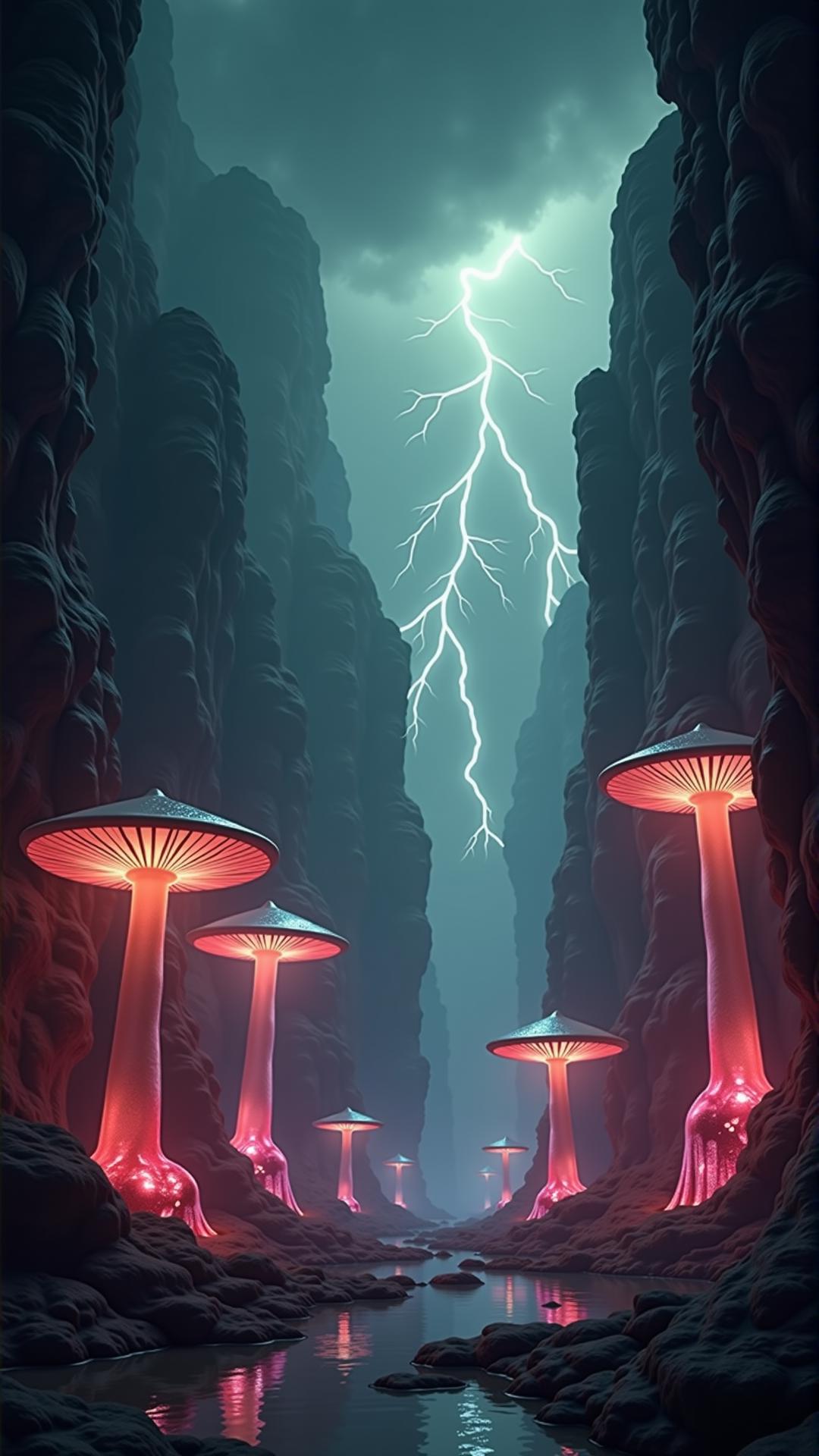 A surreal canyon where the walls are made of living, pulsating veins of crystal, each one glowing with an intense internal light that shifts in color from deep reds to vibrant purples and greens. The canyon floor is covered in a thick mist that glows softly in the dim light, swirling around enormous, glowing mushrooms that stretch up toward the sky. Above, the sky is a churning mass of dark clouds, flashing occasionally with brilliant lightning that illuminates the landscape in brief, surreal bursts. Strange, geometric shapes float through the air, casting long, angular shadows on the canyon walls.