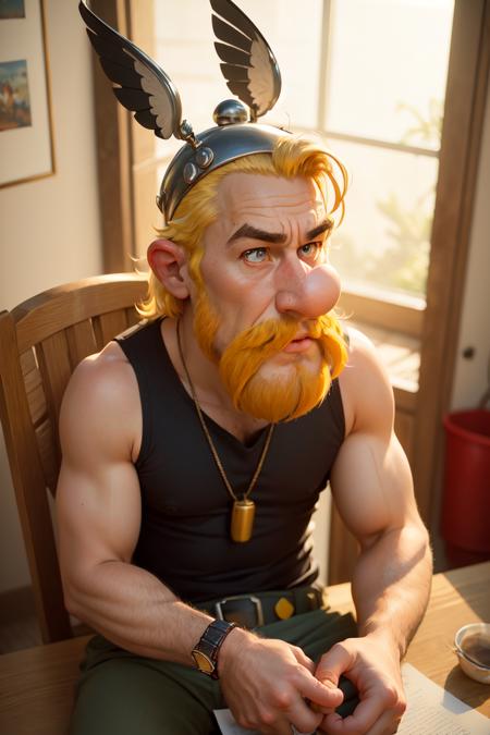 1man, Asterix, blonde hair, black top, wings, facial hair, mustache, red pant