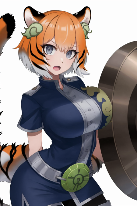 tigermortar, looking at viewer, open mouth, large breasts, simple background, hair ornament, white background, short sleeves, fang, orange hair, grey eyes, tiger ears, duel monster, tiger tail, tiger girl