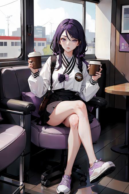 hyejin, outfit, crossed legs, sitting, purple eyes, indoors, coffee shop, holding coffee, sneakers, <lora:HyejinERLora-10:0.8>,  <lora:GoodHands-beta2:1>